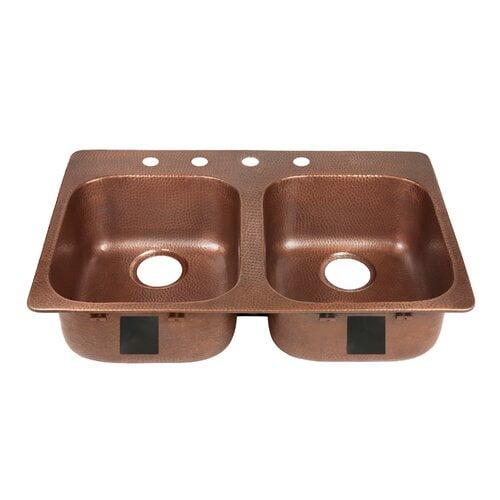 Santi Copper 33" Double Bowl Drop-In Kitchen Sink