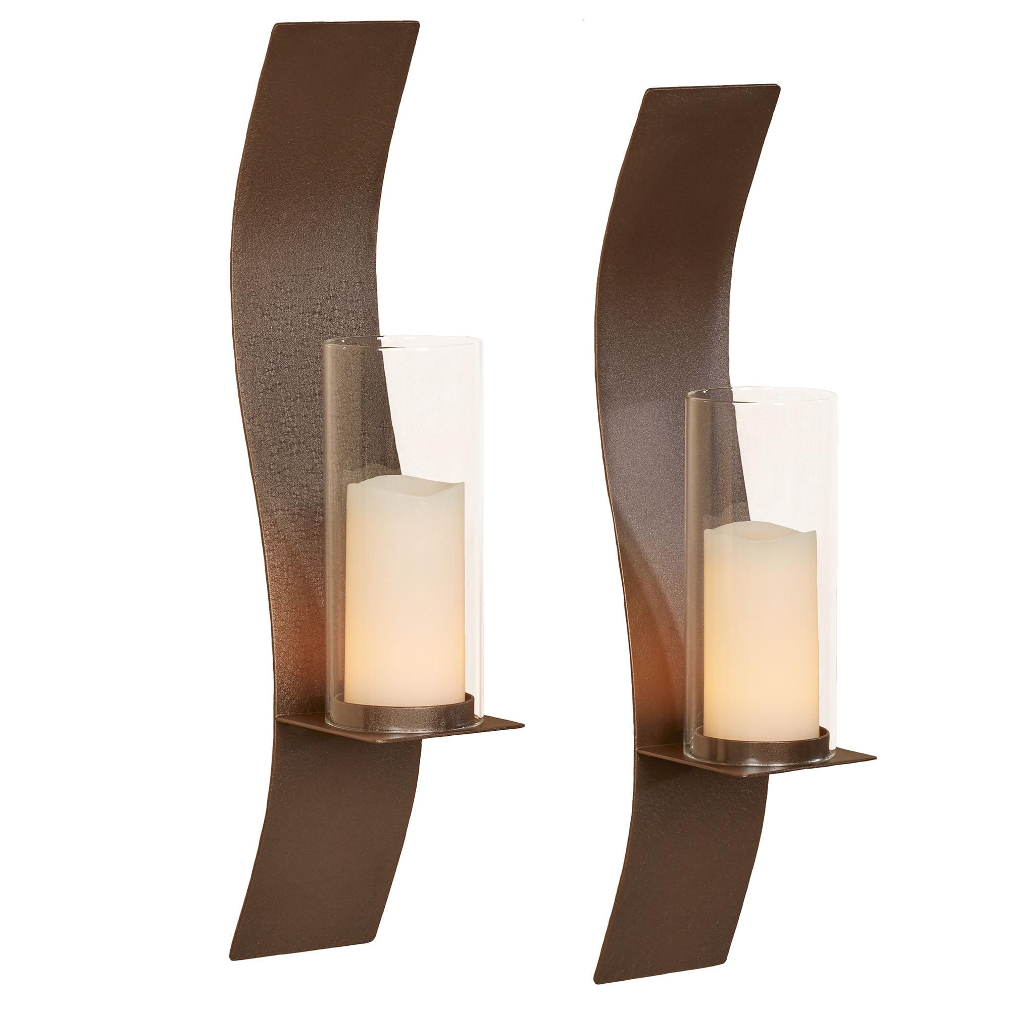 Sinuous Rich Bronze Wall Sconce Pair with Glass Hurricanes