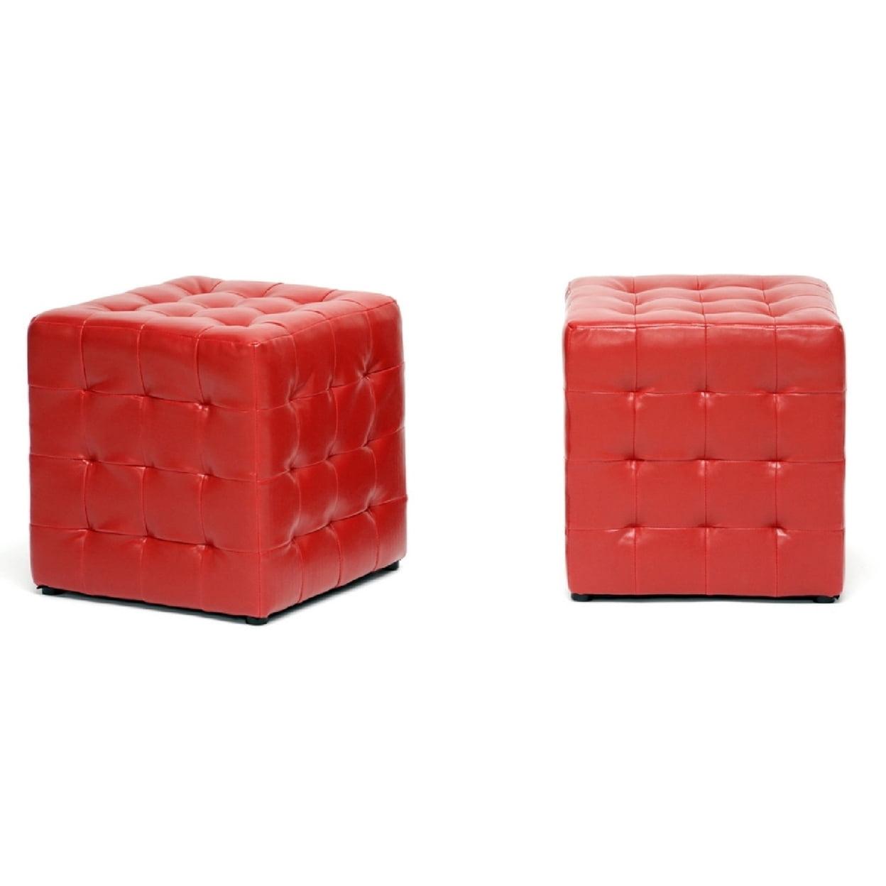 Chic Red Faux Leather Tufted Cube Ottoman Set of 2