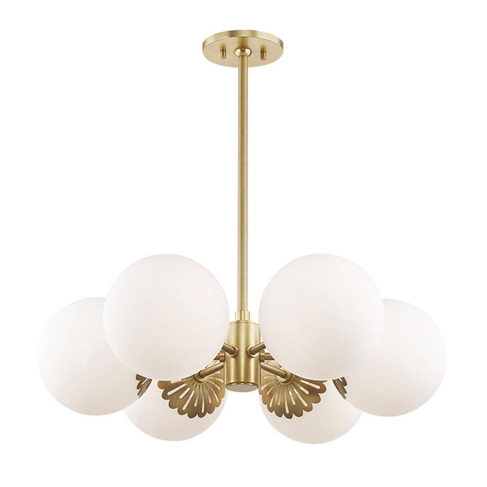 Elegant Aged Brass 6-Light Chandelier with Opal Glass Shades