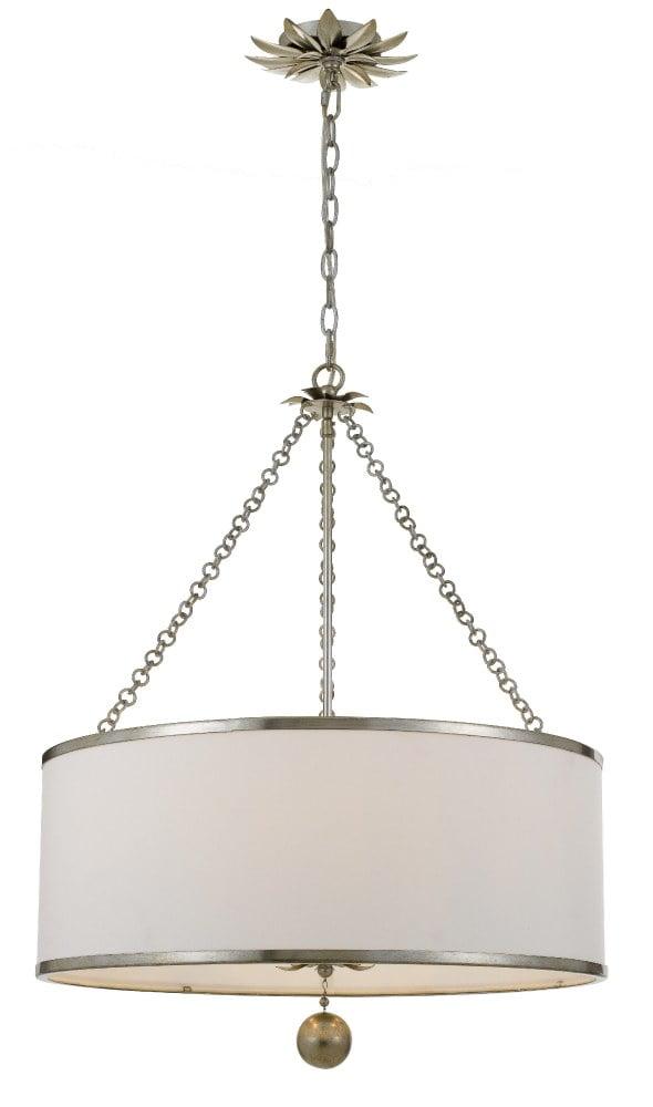 Elegant Antique Silver 6-Light Chandelier with White Silk Drum Shade