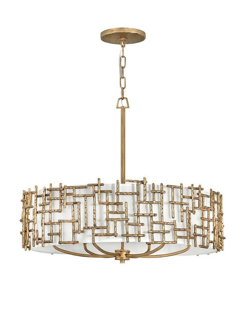 Elegant Burnished Gold Drum Chandelier with White Linen Shade