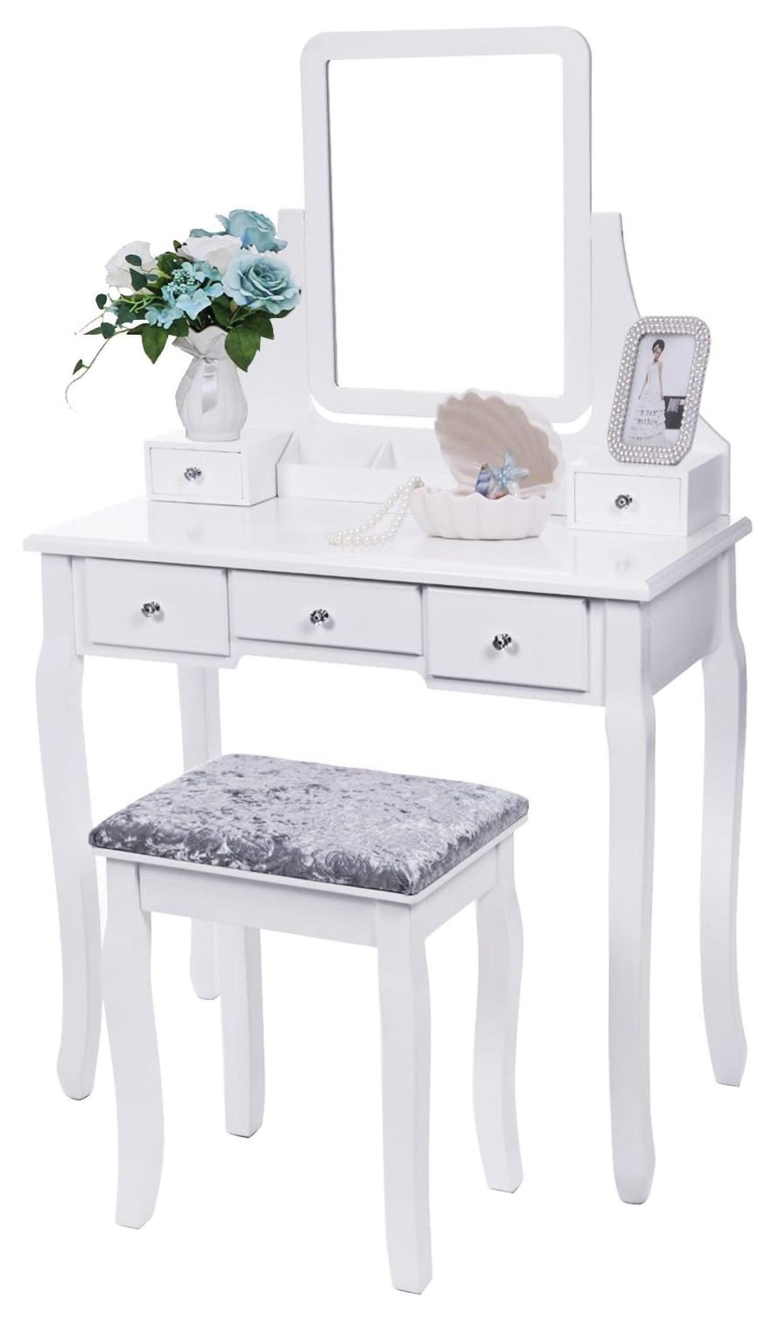 BEWISHOME Vanity Set with Mirror & Cushioned Stool Dressing Table Vanity Makeup Table 5 Drawers 2 Dividers Movable Organizers White FST01W