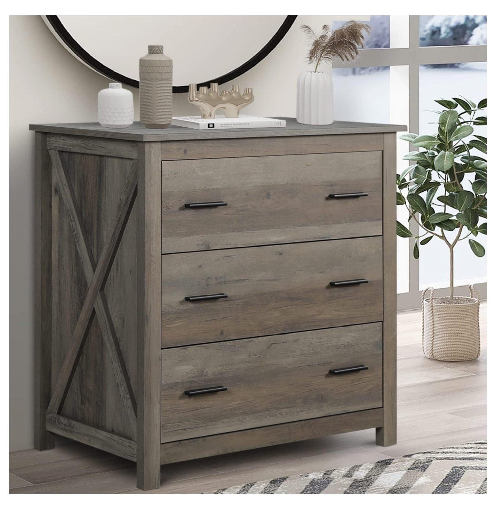 Gray Oak 3-Drawer Farmhouse Double Dresser with Deep Storage