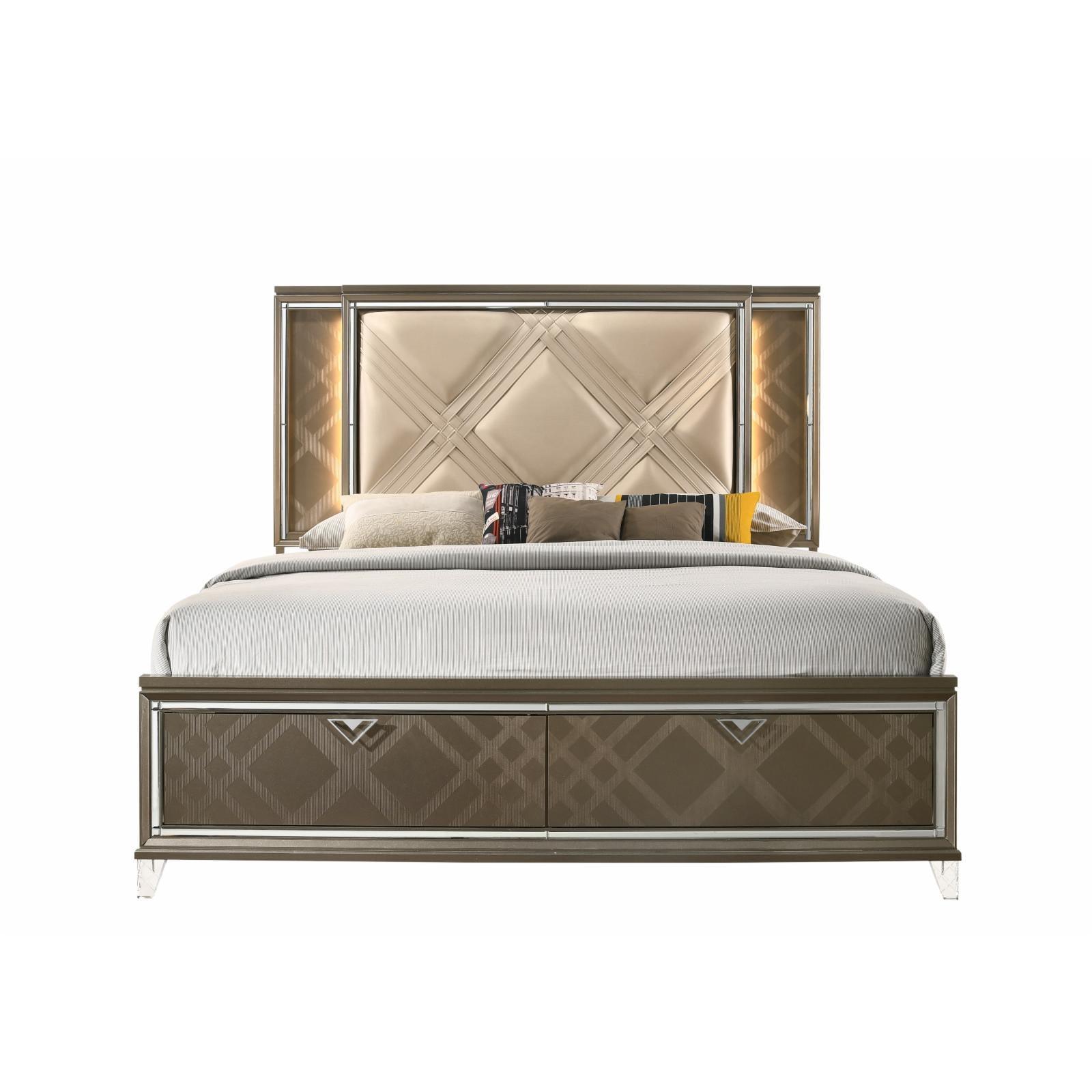 Skylar Queen Champagne Faux Leather Storage Bed with LED