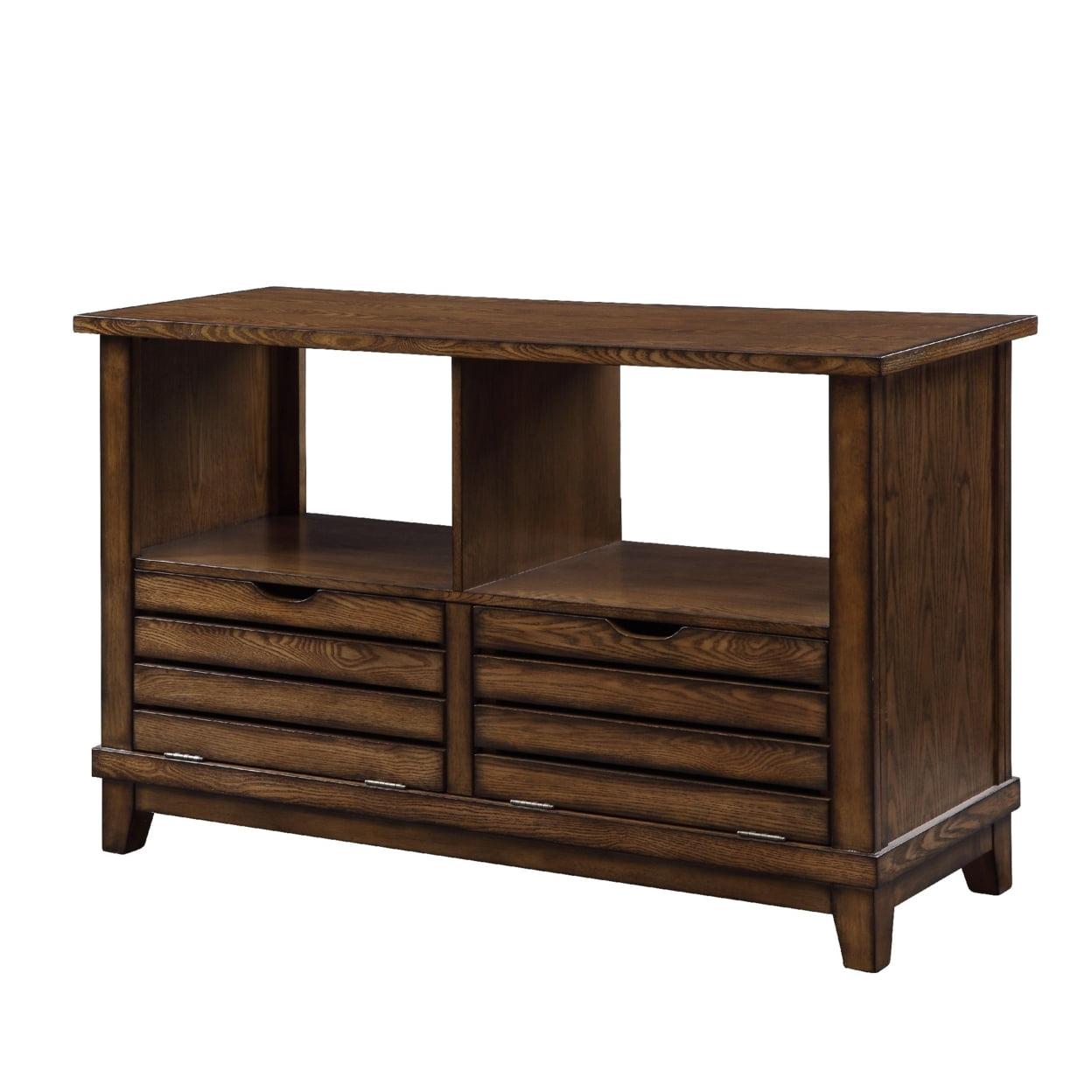 Brown Oak Slatted Front Sofa Table with Storage