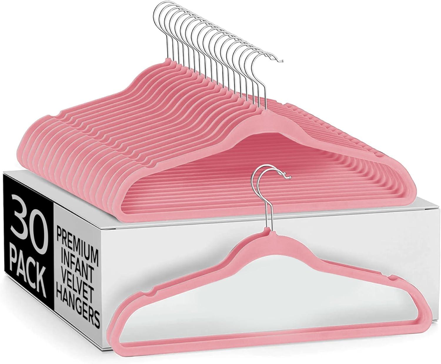 Sleek Pick Premium Baby Hanger, Velvet Hangers, 11”, 30 Pack, Non-Slip Baby Hangers, Space Saving, Infant Hanger, Ultra Slim, Closet Organization, Children Clothes Hanger, Closet Toddler Hangers-Pink