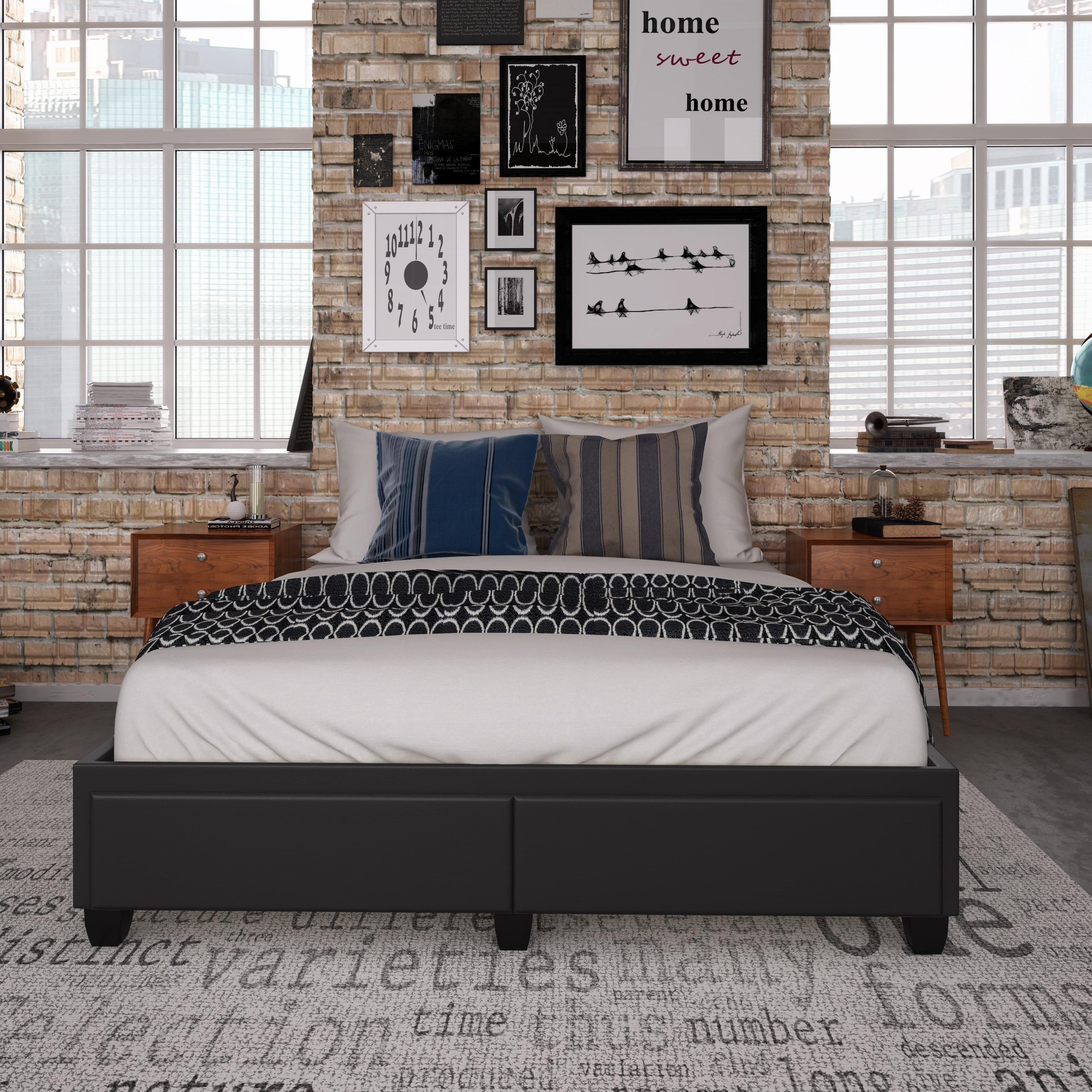 Queen Preston Faux Leather Upholstered Platform Bed Frame with Storage Drawers Black - Eco Dream