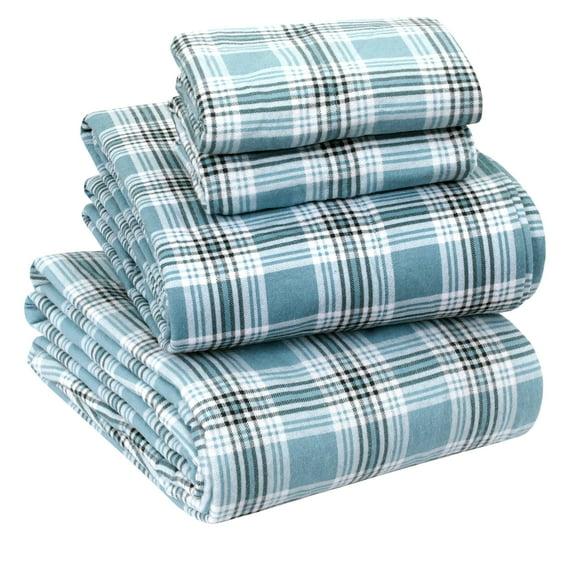 Sleepdown 100% Cotton Flannel Sheets Full Size Bed Sheets Set with Deep Pockets, Brushed Flannel with Elastic Fitted Sheet Set, Soft & Cozy Sheets - 4 Piece Bedding and Pillowcase set - Green Plaid
