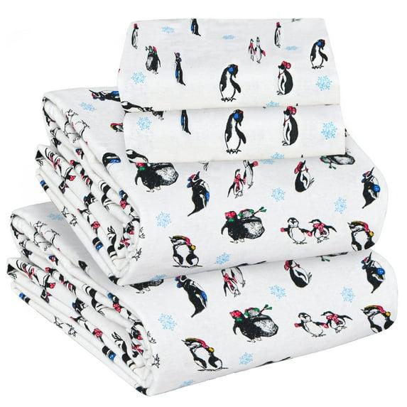 Sleepdown Twin Sheets - 100% Cotton Flannel Bed Sheets Set with Deep Pockets, Brushed Flannel with Elastic Fitted Sheet Set, Soft & Cozy Sheets - 3 Piece Bedding and Pillowcase set - Penguin