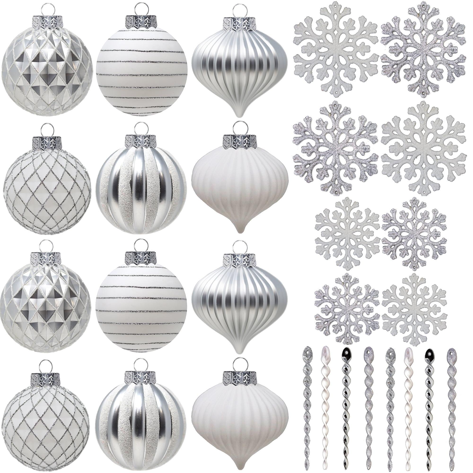 SLEETLY 28pk White Silver Christmas Ball Ornaments for Tree Decorations - Holiday Xmas Shatterproof Plastic Balls, Icicles and Snowflakes Ornament Set