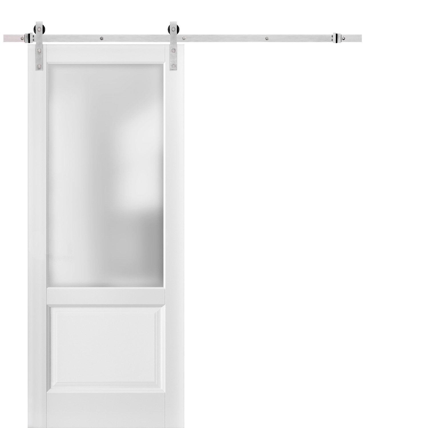 Modern White Solid Wood Barn Door with Frosted Glass