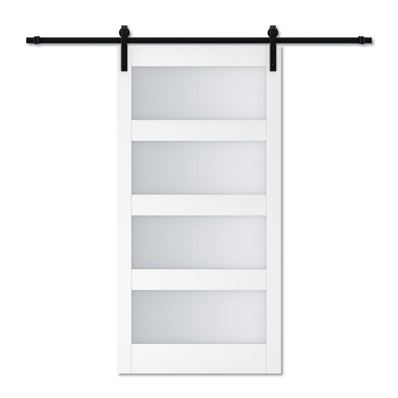 Sliding Barn Door, 4-Lite Tempered Frosted Glass, Solid Core MDF Wood & PVC Covered Finished, with Hardware Kit & Handle & Floor Guide, White