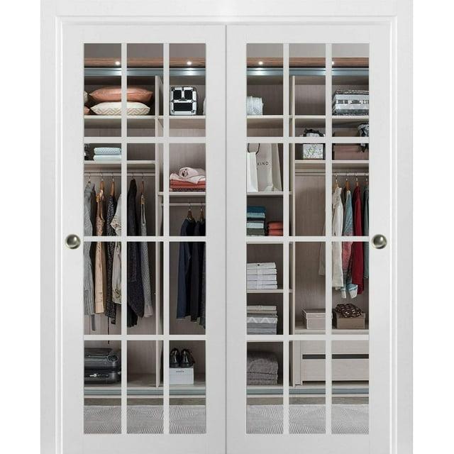 SARTODOORS Felicia Clear Glass Sliding Closet White Doors with Installation Hardware Kit