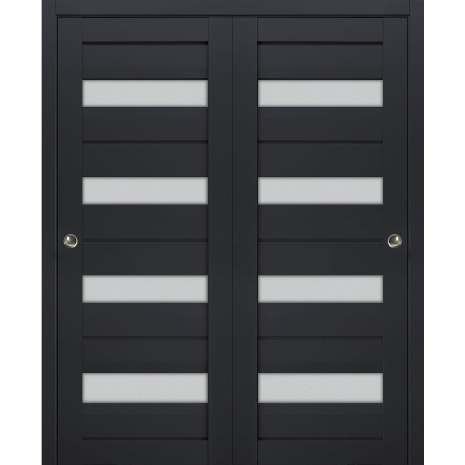 Sliding Closet Bypass Doors with Frosted Glass | Veregio 7455 Antracite| Sturdy Rails Moldings Trims Hardware Set | Wood Solid Bedroom Wardrobe Doors -60" x 80" (2* 30x80)