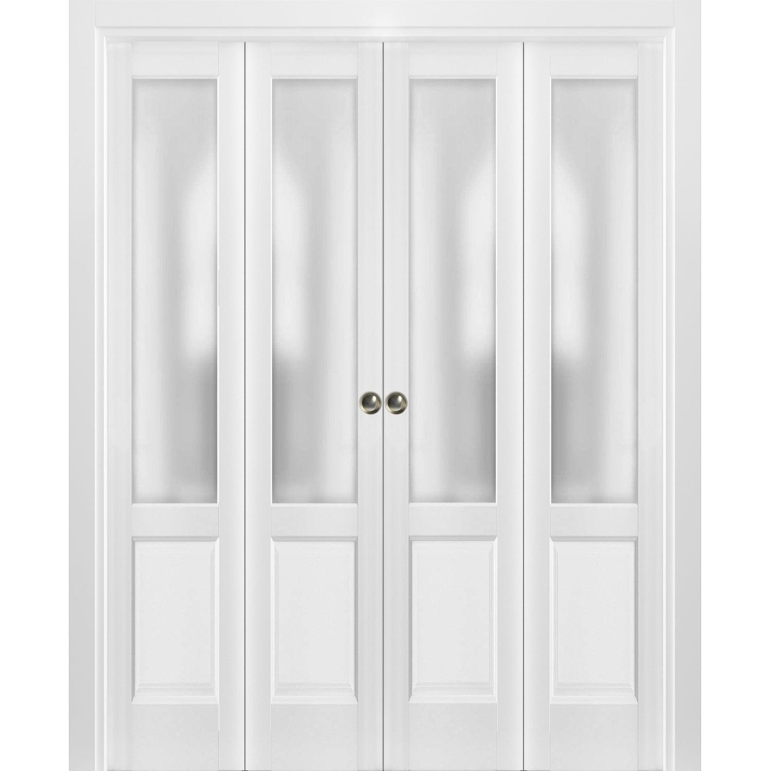 SARTODOORS Sliding Closet Double Bi-Fold Doors | Lucia 22 With Frosted Glass | Sturdy Tracks Moldings Trims Hardware Set | Wood Solid Bedroom Wardrobe Doors