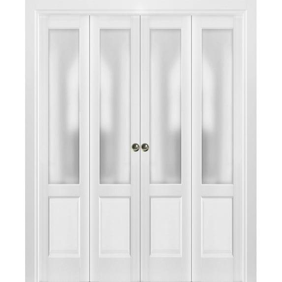 SARTODOORS Sliding Closet Double Bi-Fold Doors | Lucia 22 With Frosted Glass | Sturdy Tracks Moldings Trims Hardware Set | Wood Solid Bedroom Wardrobe Doors