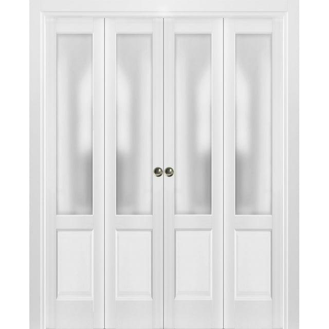 SARTODOORS Sliding Closet Double Bi-Fold Doors | Lucia 22 With Frosted Glass | Sturdy Tracks Moldings Trims Hardware Set | Wood Solid Bedroom Wardrobe Doors