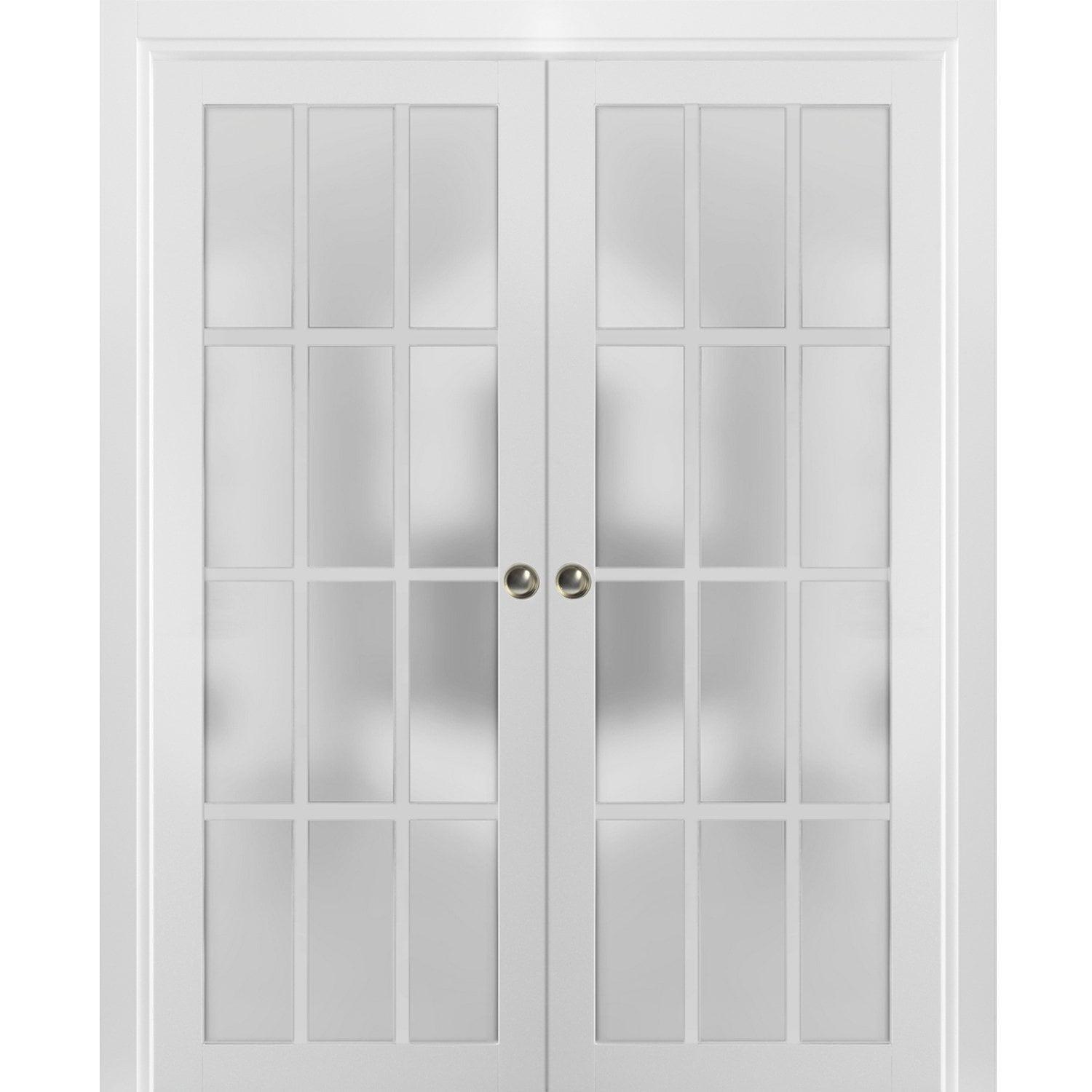 Matte White 64" x 84" French Double Pocket Doors with Frosted Glass