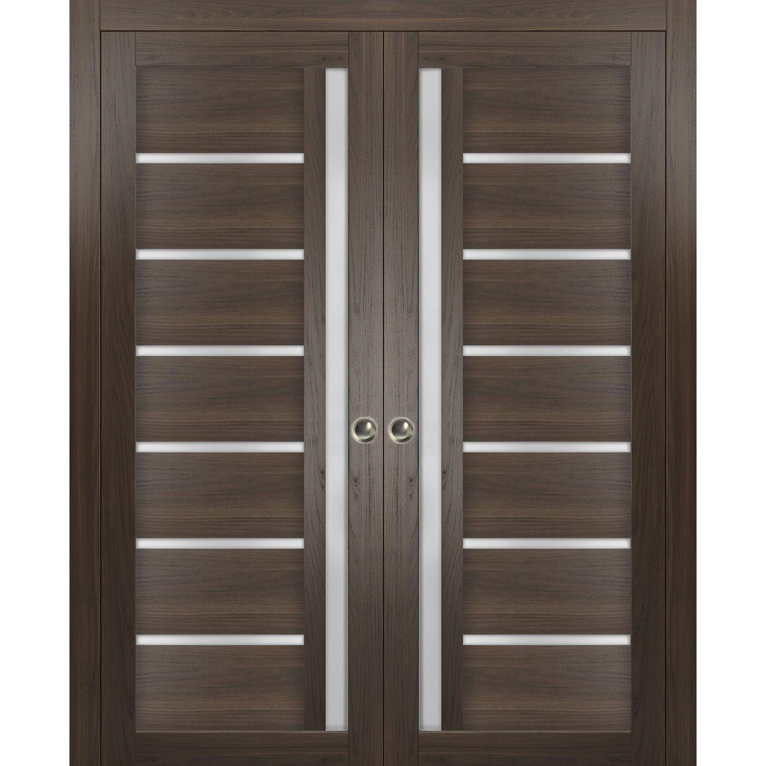 SARTODOORS Quadro Frosted Glass Paneled Wood Sliding Closet Brown Doors