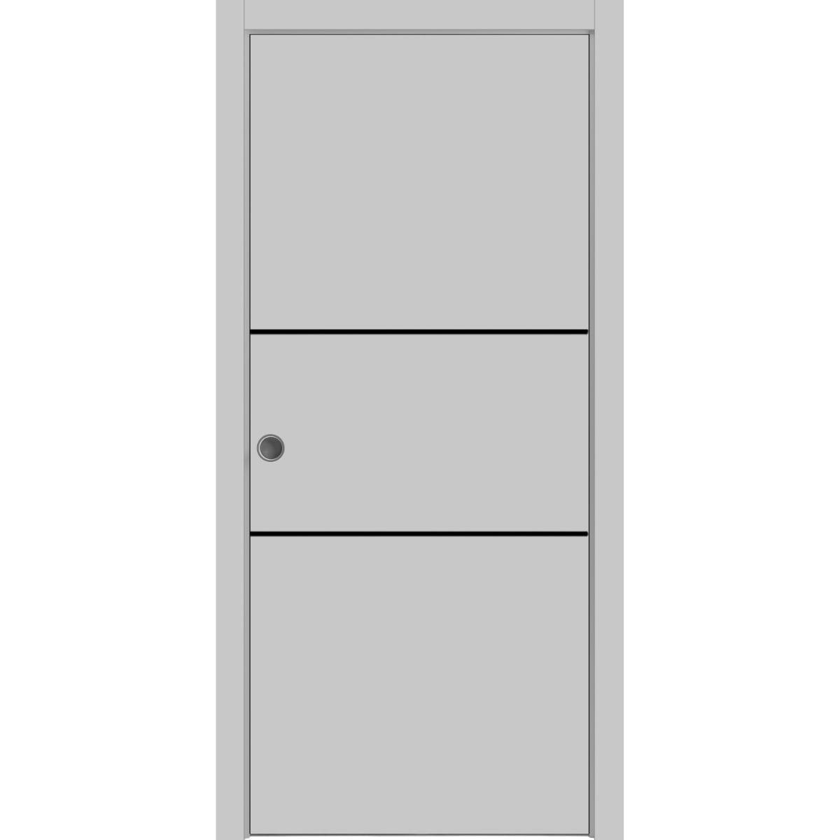 Sliding French Pocket Door 36 x 80 inches with | Planum 0014 Grey Ash with Frosted Glass | Kit Trims Rail Hardware | Solid Wood Interior Bedroom Sturdy Doors