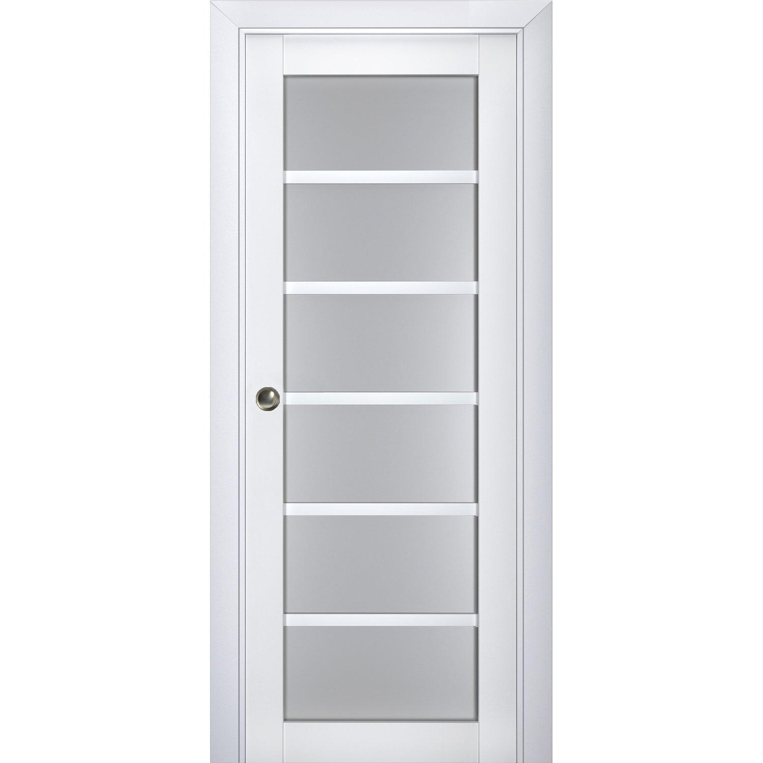 Sliding French Pocket Door with Frosted Glass | Veregio 7602 White Silk | Kit Trims Rail Hardware | Solid Wood Interior Bedroom Sturdy Doors-36" x 96"