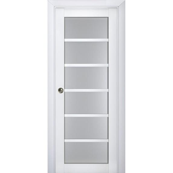 Sliding French Pocket Door with Frosted Glass | Veregio 7602 White Silk | Kit Trims Rail Hardware | Solid Wood Interior Bedroom Sturdy Doors-36" x 96"