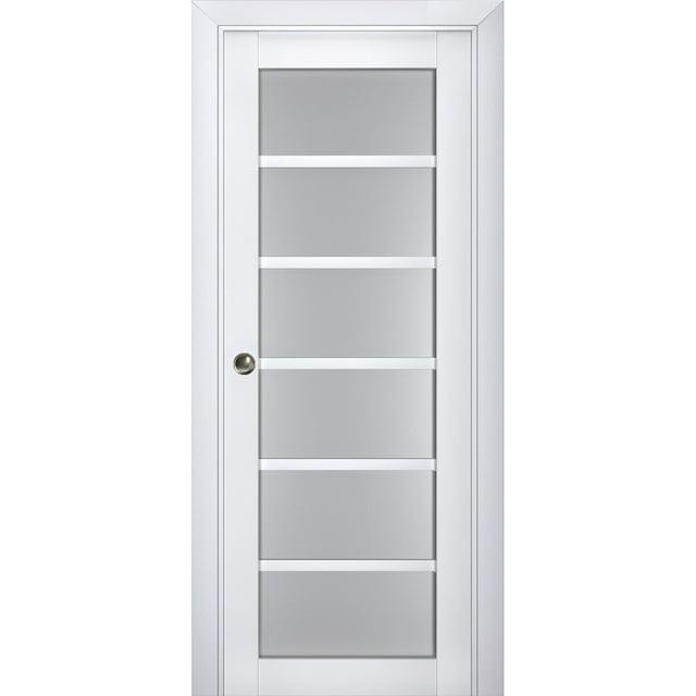 Sliding French Pocket Door with Frosted Glass | Veregio 7602 White Silk | Kit Trims Rail Hardware | Solid Wood Interior Bedroom Sturdy Doors-36" x 96"