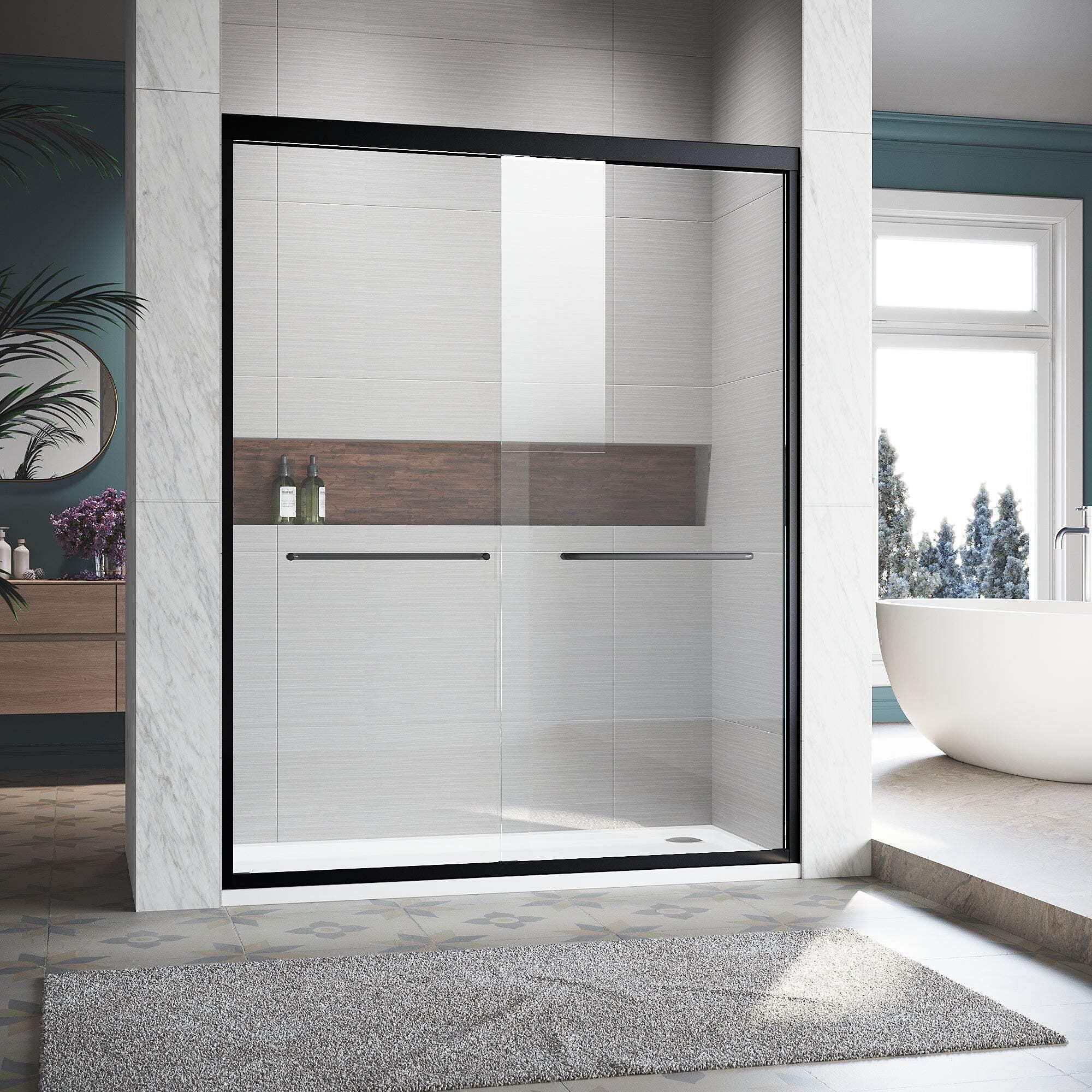 Sliding Shower Glass Door 56-60 In. W X 72 In. H, Adjustable Semi Frameless Shower Door, Certified Thick Clear Clear Tempered Glass, 304 Stainless Steel Handles