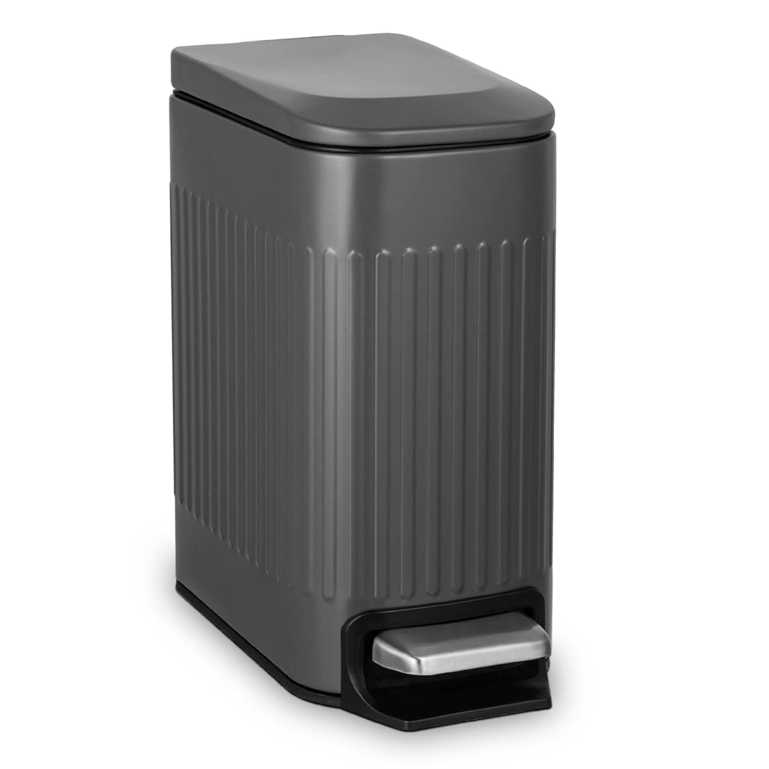 Gray Stainless Steel Slim Bathroom Trash Can with Pedal