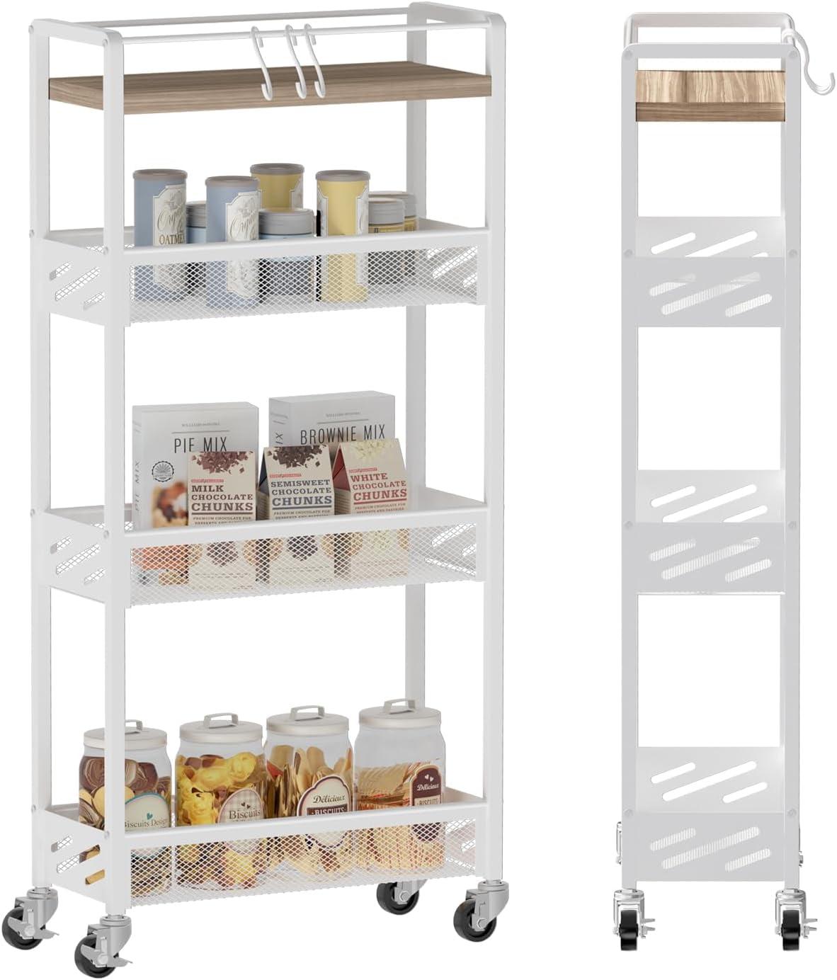 Beige and White 4-Tier Slim Rolling Kitchen Cart with Wooden Top