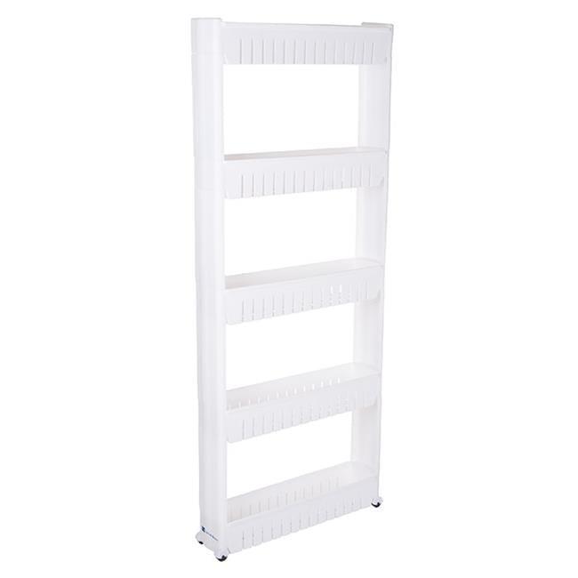 Slim White 5-Tier Slide Out Storage Tower with Wheels