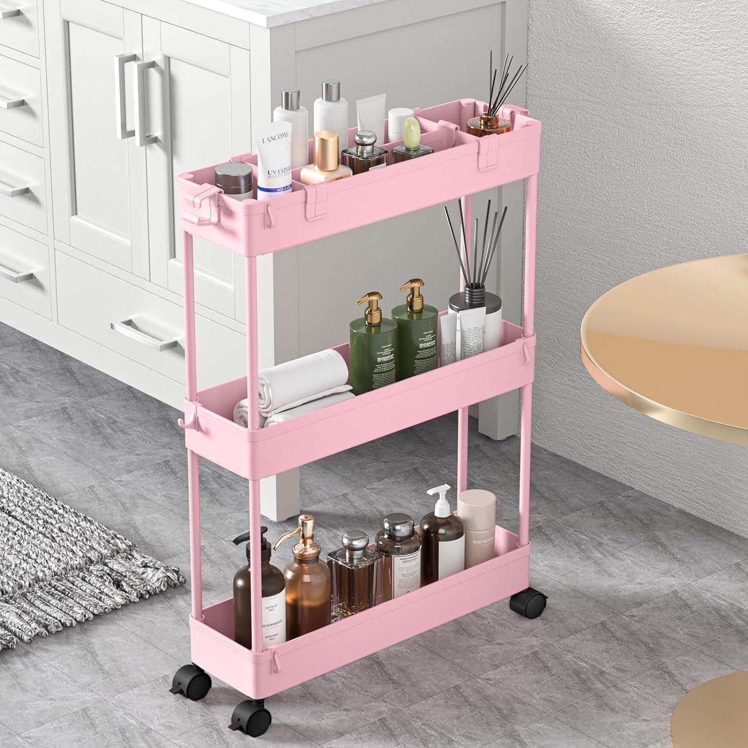 Pink 3-Tier Slim Rolling Storage Cart with Alloy Steel Frame