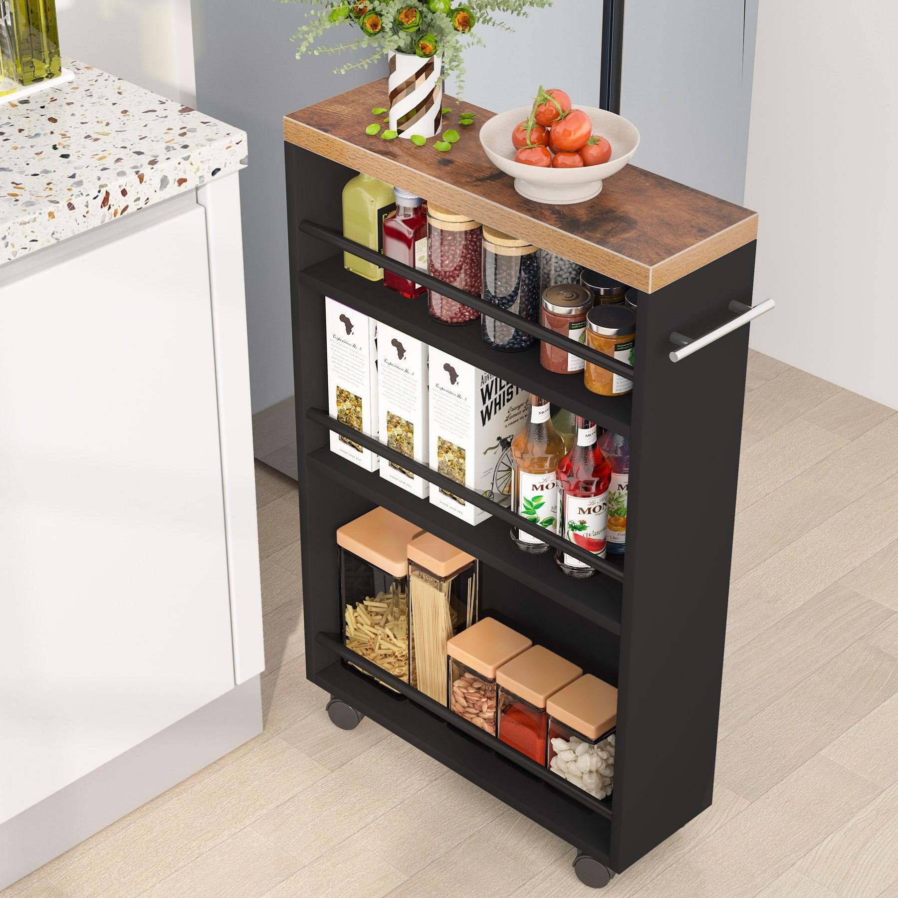 Slim Black and Rustic 4-Tier Rolling Kitchen Cart with Handle