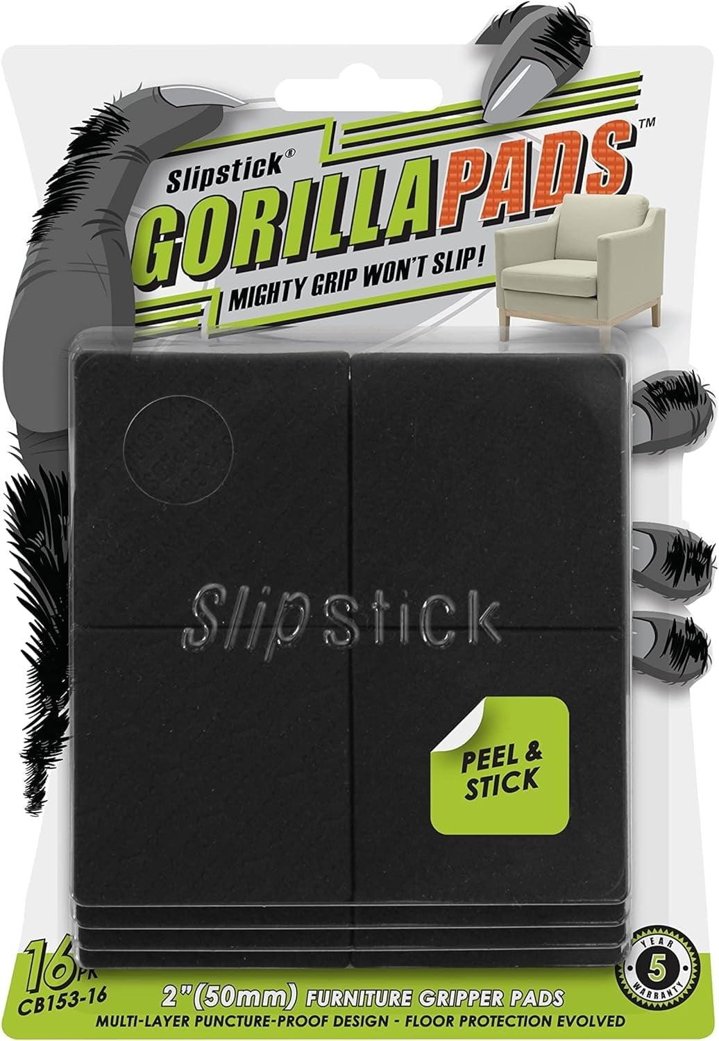 Slipstick GorillaPads CB153-16 Non Slip Furniture Pads/Gripper Feet Floor Protectors (Set of 16) Premium 2 Inch Square Self Adhesive Rubber Stoppers for Furniture Legs, Black, CB153-16