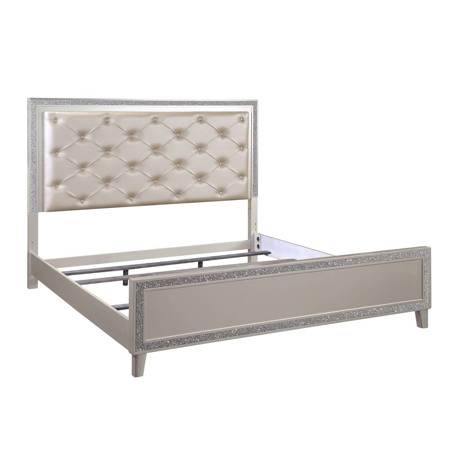 Champagne Queen Bed with Lighted Tufted Headboard and Drawers