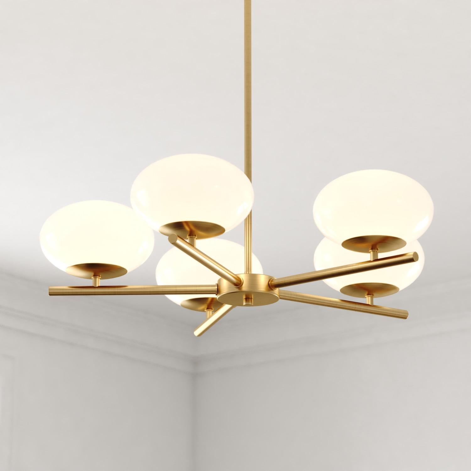 VAXCEL Sloane 5 Light LED Gold Satin Brass Mid-Century Modern Chandelier with White Glass Globes