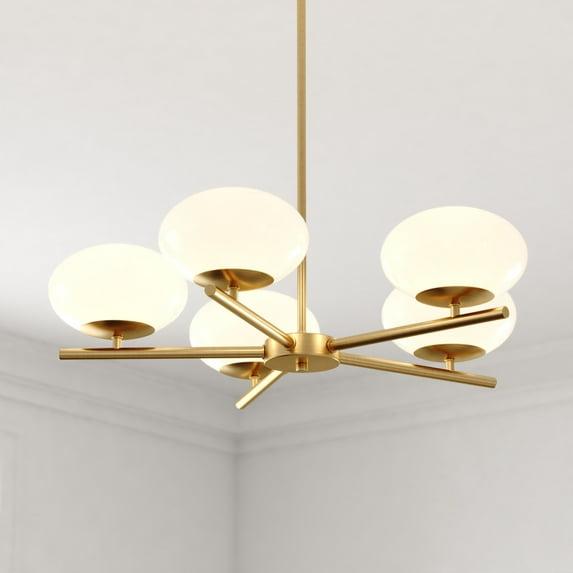 VAXCEL Sloane 5 Light LED Gold Satin Brass Mid-Century Modern Chandelier with White Glass Globes
