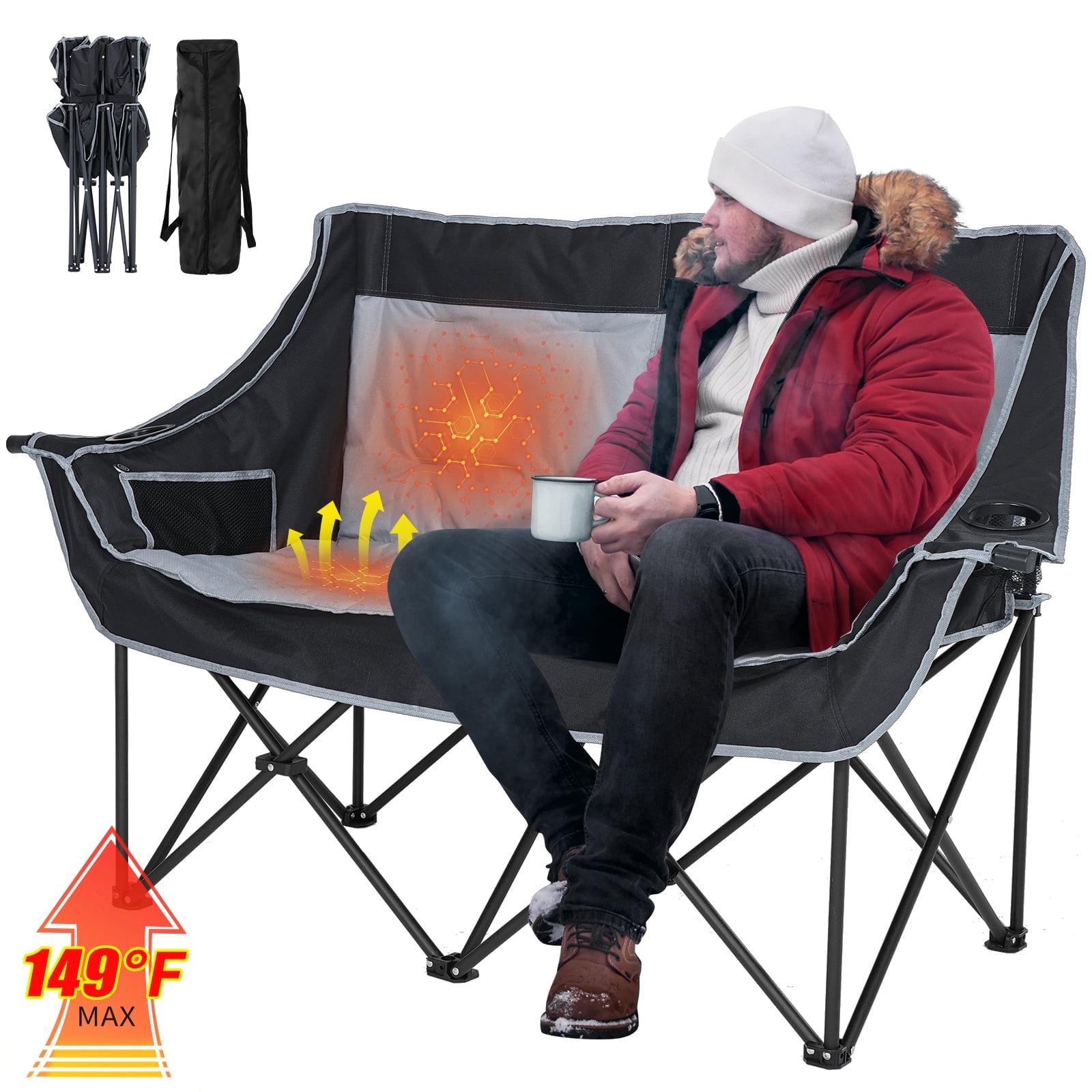 Slsy XXXL Double Camping Chair, Oversized Loveseat Camping Couch, Fully Padded Heavy Duty Outdoor Folding Chair w/ 2 Cup & Wine Glass Holder Support 900 lbs