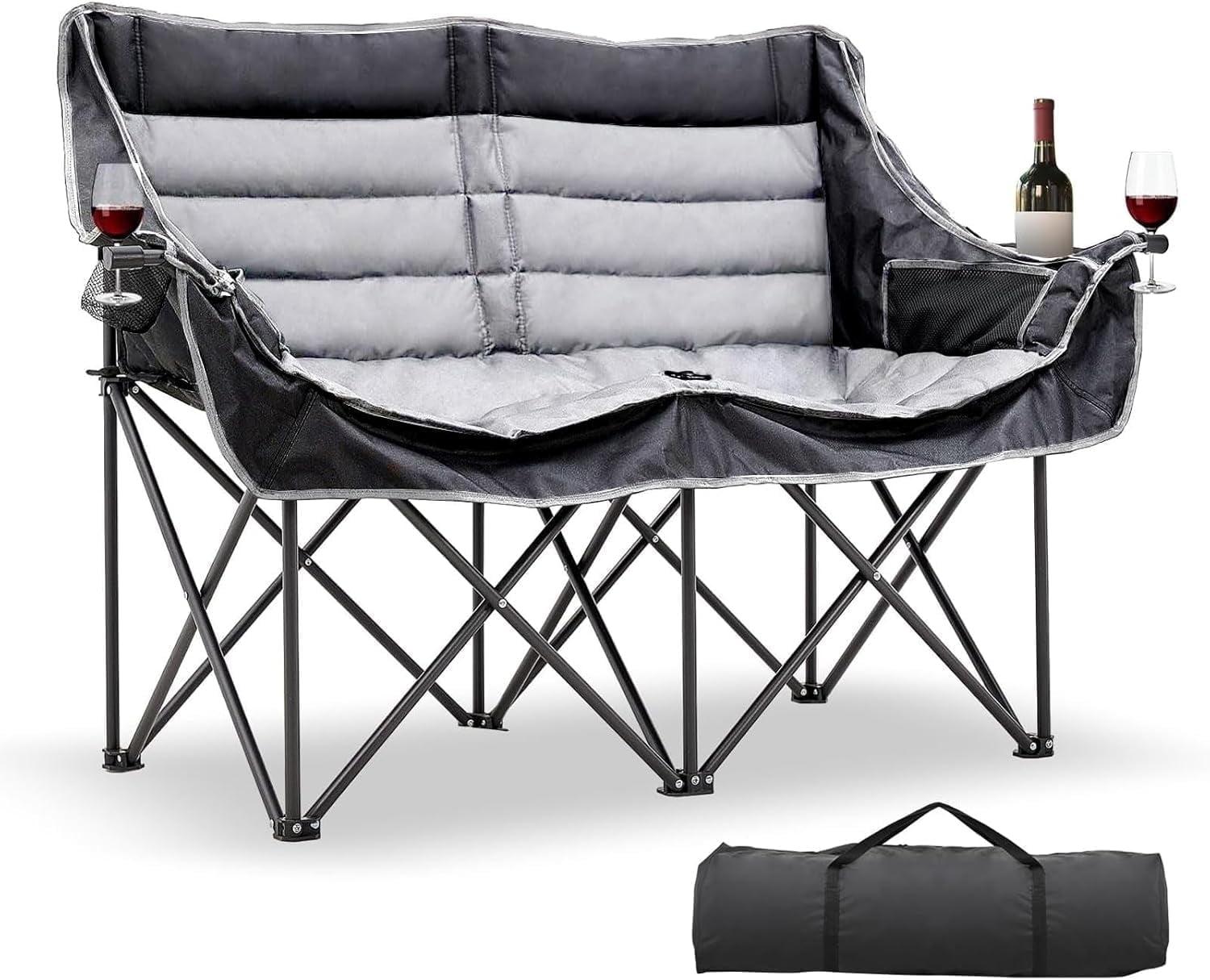 Slsy XXXL Double Camping Chair, Oversized Loveseat Camping Couch, Fully Padded Heavy Duty Outdoor Folding Chair w/ 2 Cup & Wine Glass Holder Support 900 lbs