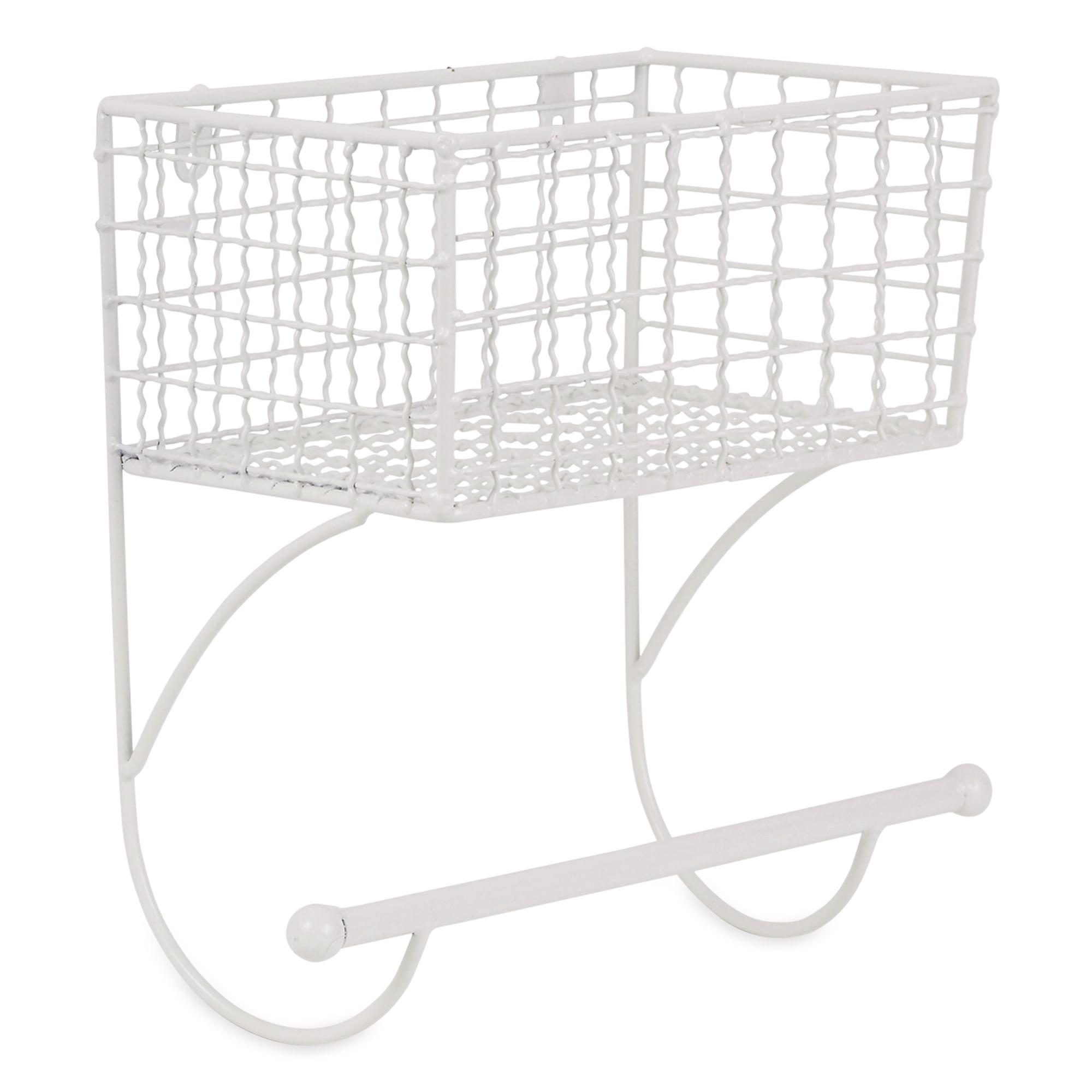 Antique White Metal Wall Mounted Towel Rack with Basket