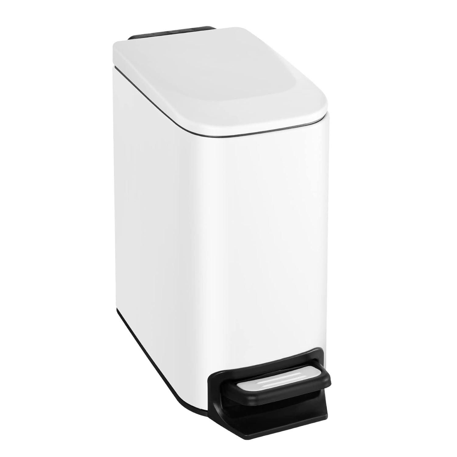 White Stainless Steel Slim Bathroom Trash Can with Pedal