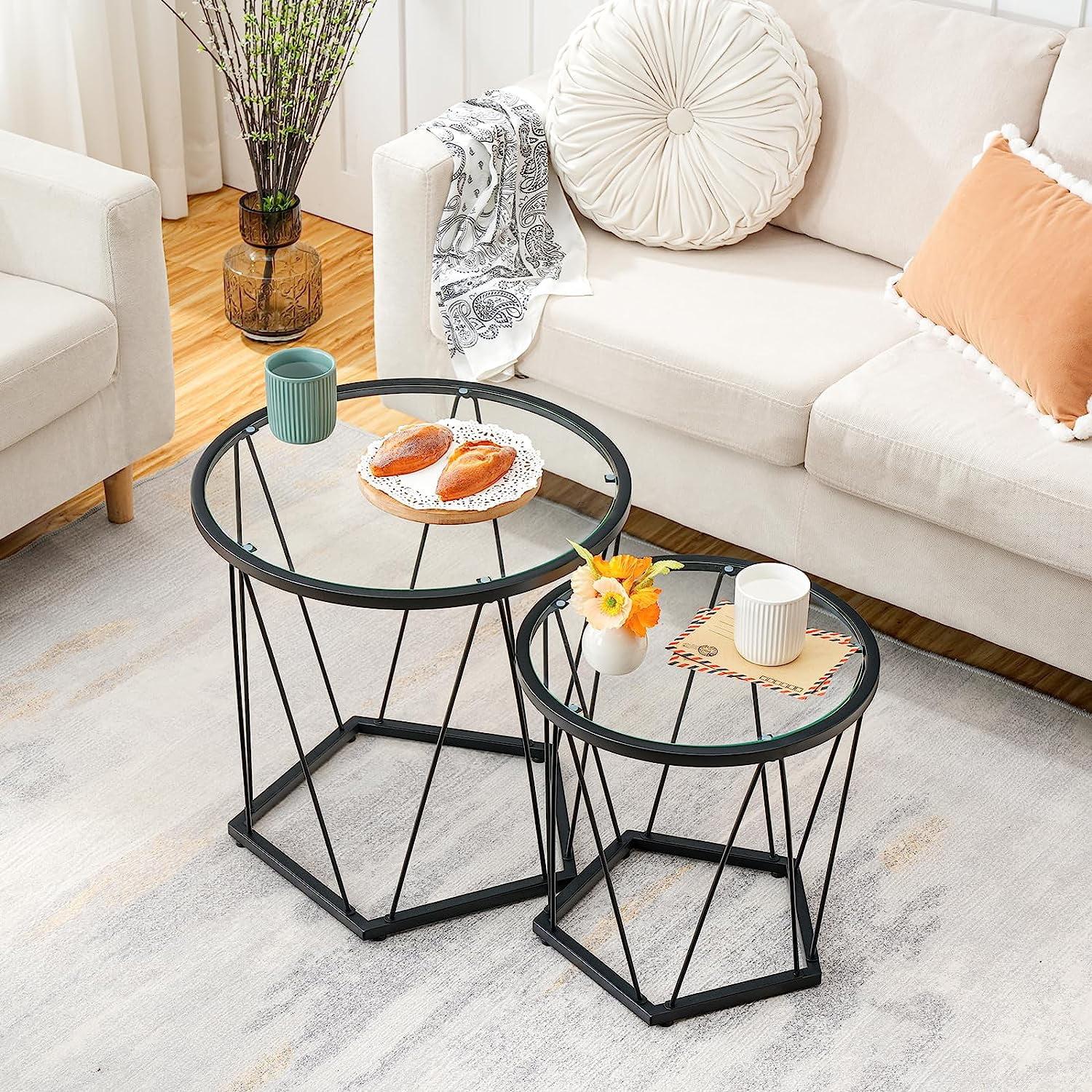 Small Coffee Table Set of 2, Round Coffee End Table with Metal Frame, Glass Top, Black Side Table for Living Room, Bedroom and Balcony, Modern Style, Black