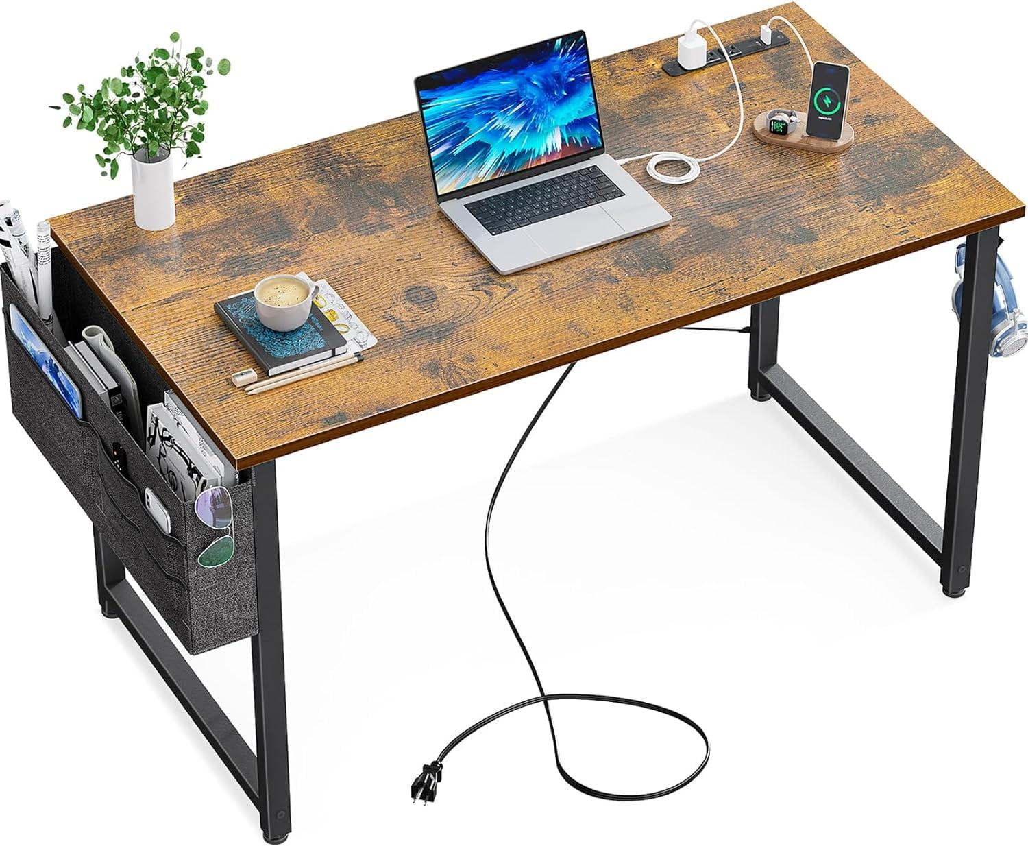 Small Desk with Power Outlets and USB Port Computer Desk for Home Office Gaming Simple Modern Style Writing Desks with Storage Bag Headphone Hook, 40 inch, Rustic Brown