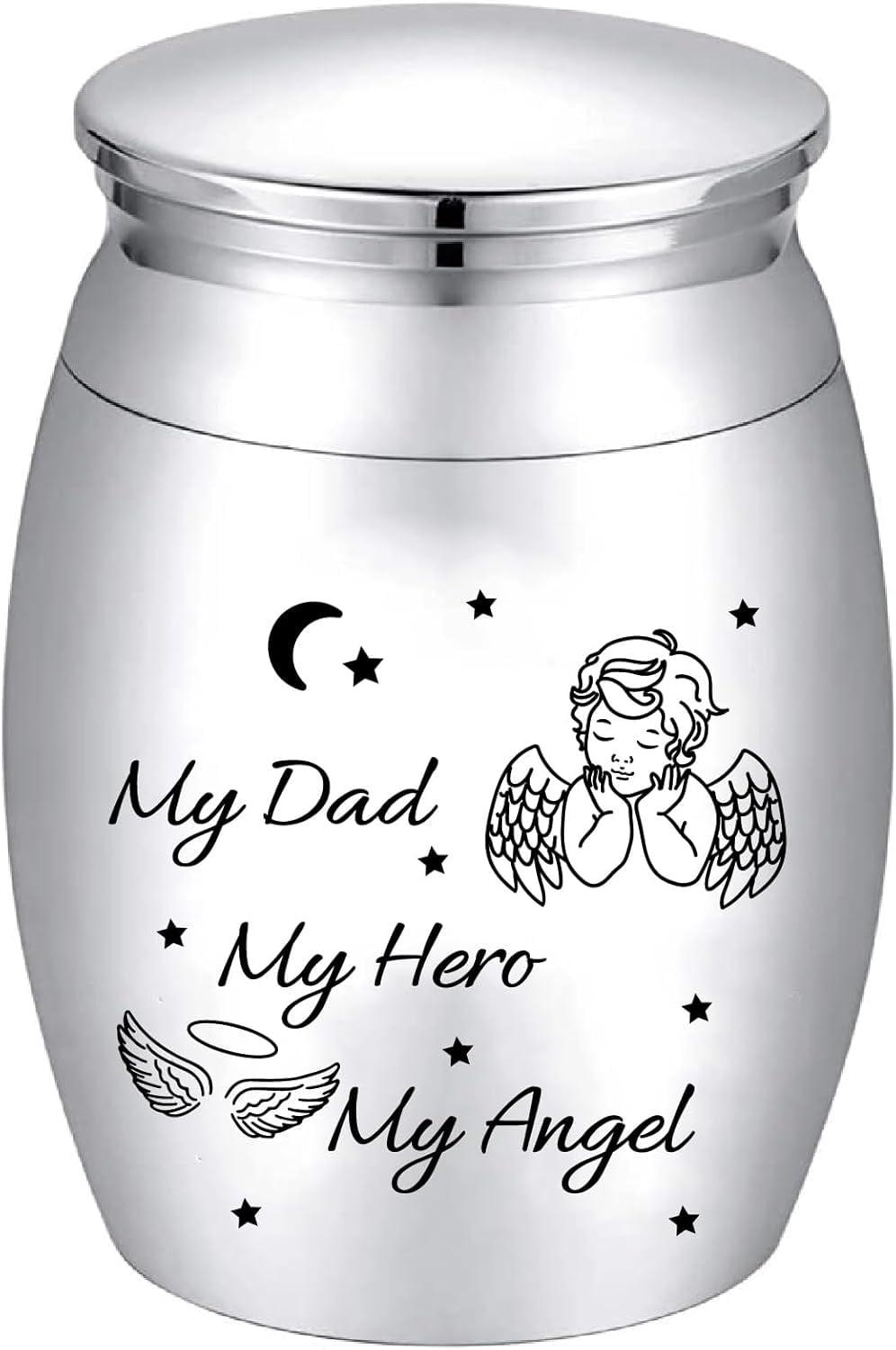 Small Keepsake Urn for Dad Mini Cremation Urns Decorative Memorial Funeral Ashes Holder Silver Engraved Stainless Steel Container for Dad Father 1.57 x 1.18 Inch-My Dad My Hero My Angel