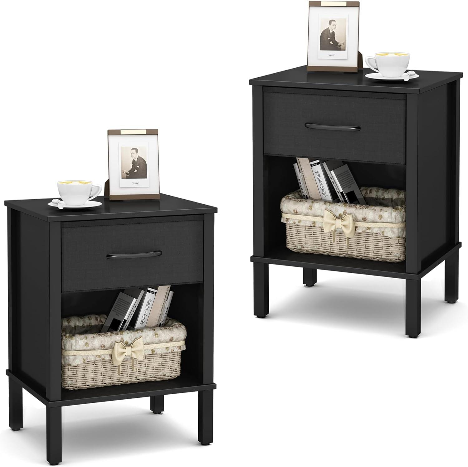 Black Fabric and Wood 2-Drawer Nightstand Set