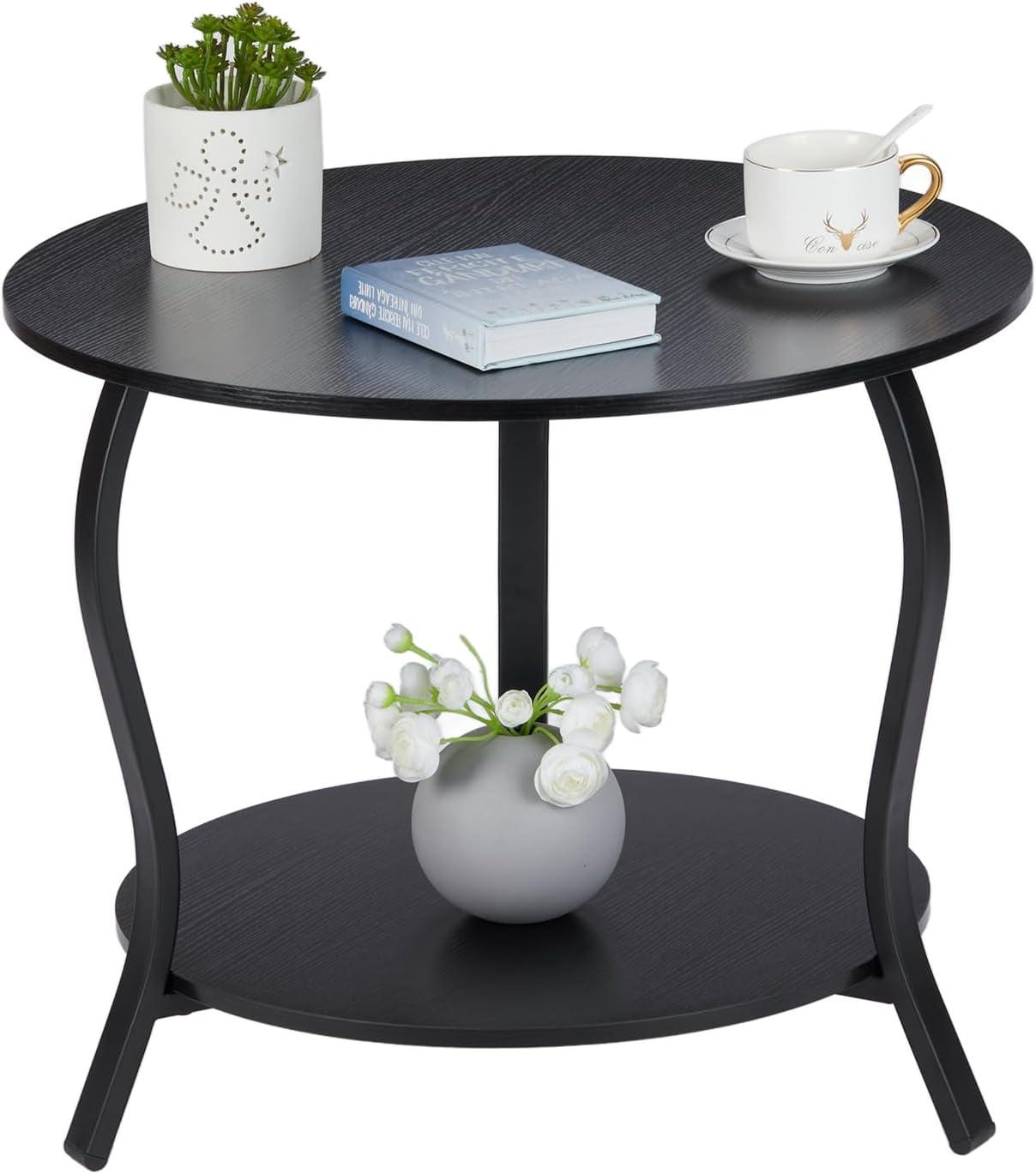 Small Round Black Wood and Metal 2-Tier Coffee Table