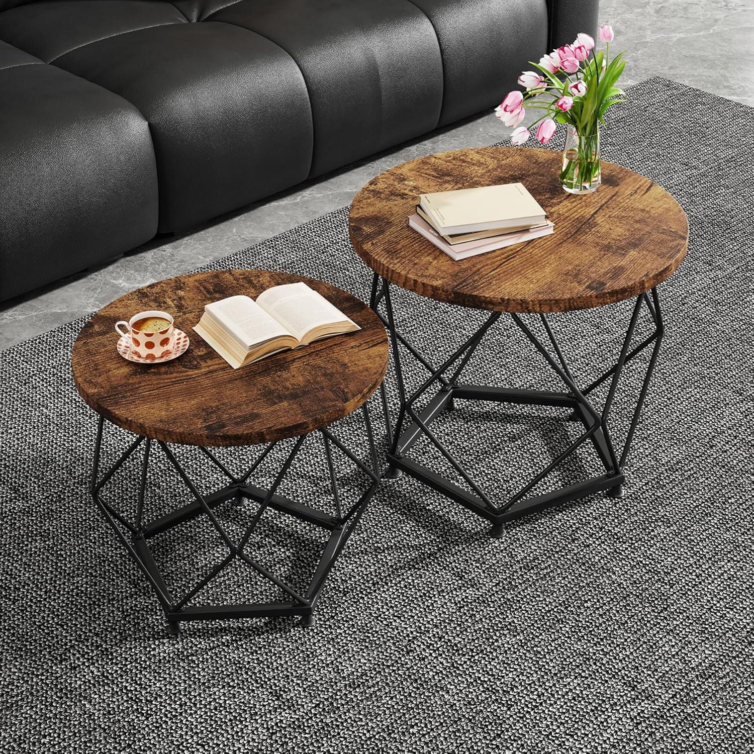 Small Round Coffee Table Set with Metal Frame, Terra Brown and Black