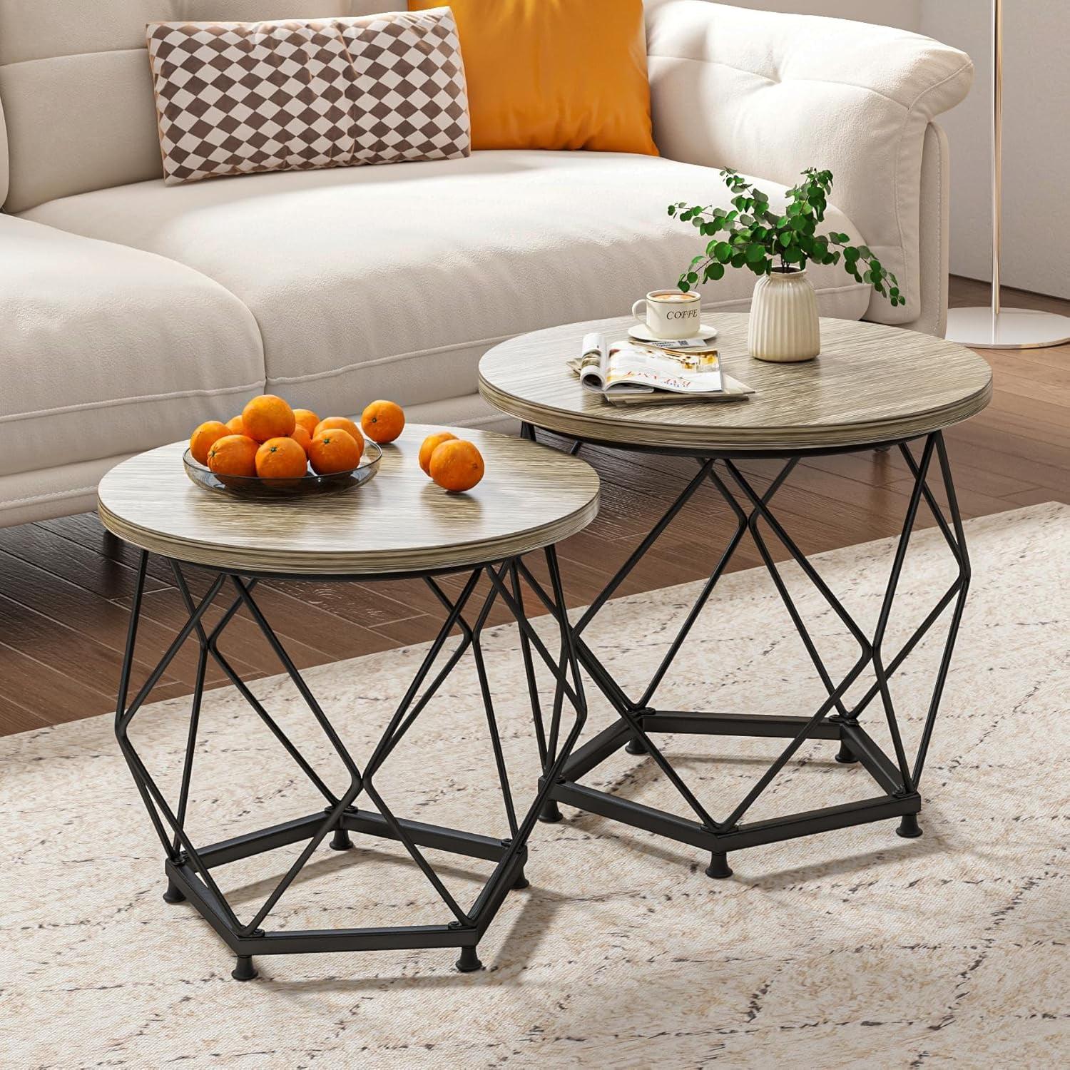 Small Round Coffee Table Set with Metal Frame, Terra Brown and Black