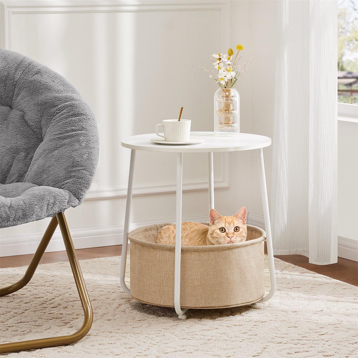 Gray Round Side Table with Fabric Basket and Steel Frame